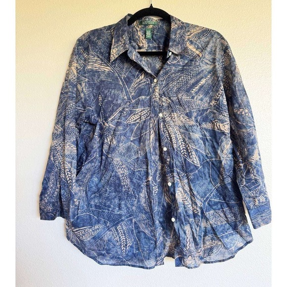 Lauren Ralph Lauren Tops - Lauren Ralph Lauren Blue Tropical Leaf Print Button Down Shirt XL Cotton Coastal